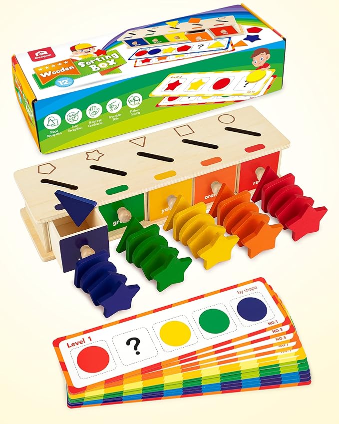 Coogam Montessori Toys Wooden Color Shape Sorting Box Game Geometric Matching Blocks Early Learning Educational Toy Gift for 3 4 5 Year-Old Baby Toddlers