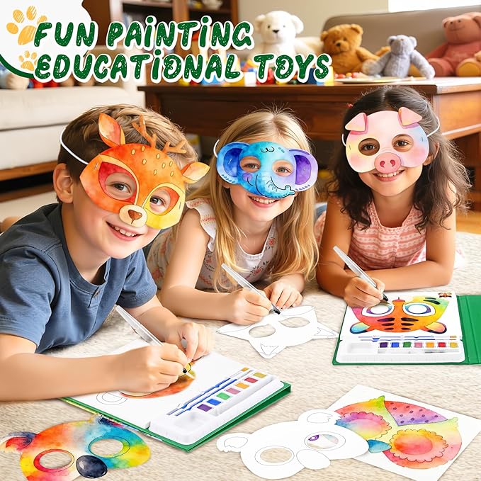 Animal Masks Paint with Water Coloring Books for Kids, 24 Pcs Paper Mache Masks Half Face, Jungle Zoo Animals Cartoon Masks, Mess Free Watercolor Painting Kit Painting Activity for Kids Ages 3-5 4-8 for Birthday Party Halloween Gifts