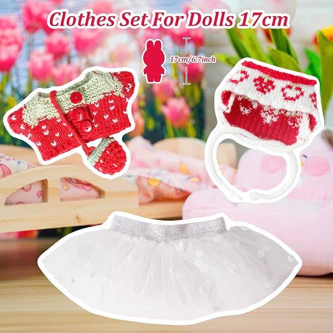 17cm Doll Clothes Set-Handcrafted Crochet Outfit Accessories for 5.91-6.7inch Dolls-Hand Crocheted Hat+Strawberry Sweater+White Dress+Bag(NO Doll)