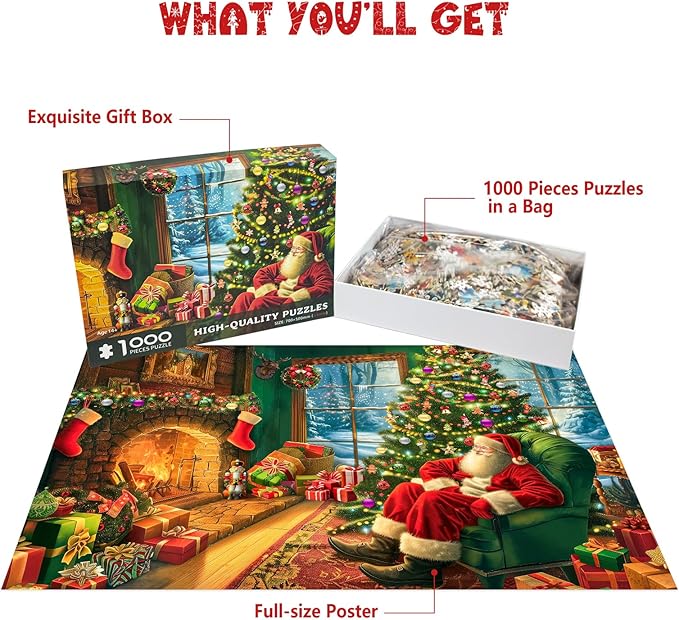 Christmas Puzzles 1000 Pieces, Festive Fireplace Puzzle Santa Claus Christmas Puzzles, Puzzles for Adults 1000 Piece Puzzle for Adults Vacation Jigsaw Puzzle Challenging Gift for Teens
