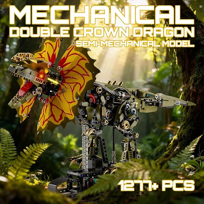 1277 Pcs Mechanical Dilophosaurus Building Blocks Set Steampunk Dinosaur Model with LED Eyes and Manual Linkage Robot STEM Display Gift for Adults& Teens
