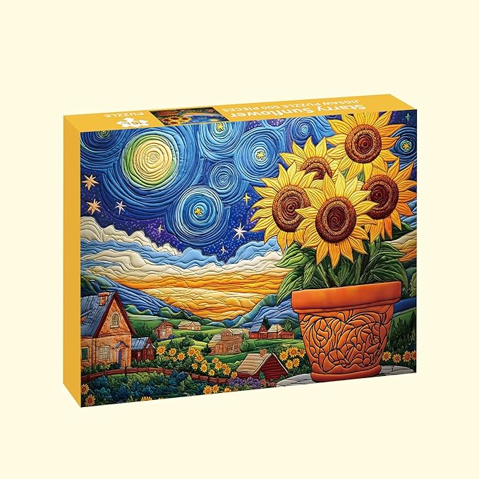 Puzzles for Adults 500 Pieces, Sunflower Puzzle Jigsaw Puzzles 500 Pieces - Starry Sunflower, Impossible Starry Night Puzzle, Finished Size 20.47 * 14.96”, with 1:1 Poster, Letter on The Back