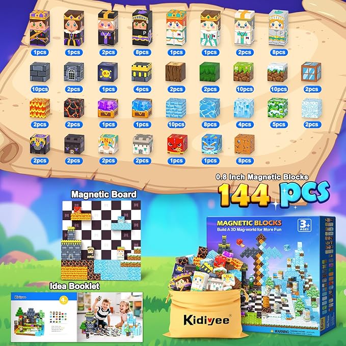 144PCS Magnetic Blocks - Mine Magnet World Chess Set, Magnetic Building Toys Games for Kids Ages 5-7 6-8 8-12, Magnet Blocks Kids Toddler Toys, Ideal Gifts for Boys & Girls Ages 3+