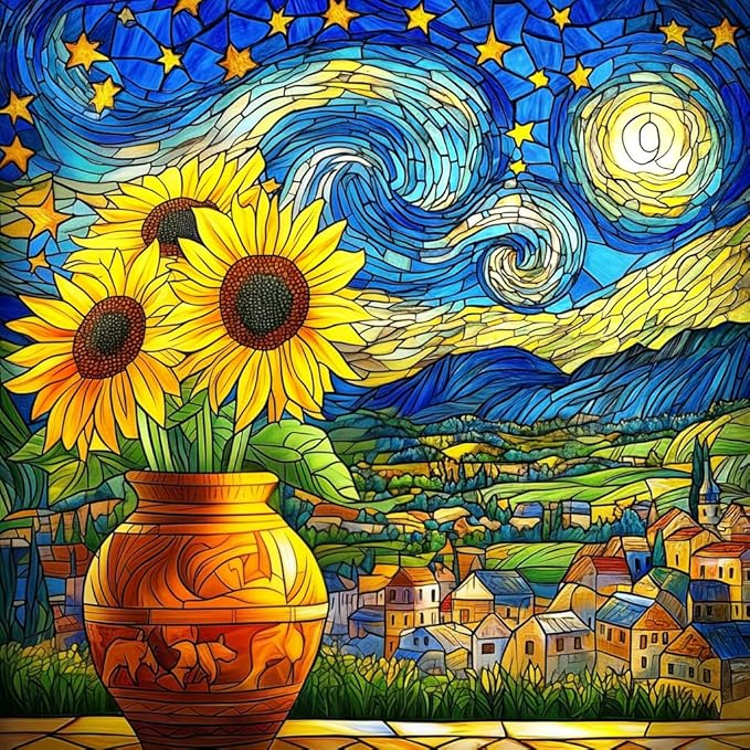 Starry Night Puzzle 1000 Pieces-Moonlit Night, Sunflower Puzzles for Adults 1000 Pieces, Jigsaw Puzzle Stained Glass, Difficult Jigsaw Puzzles for Family, Finished Size 23.98 * 23.98"