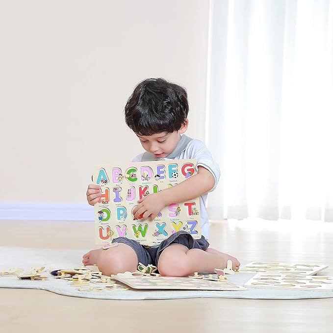 GRINNNIE Wooden Peg Puzzle for Toddlers 3 4 5 Years Old, 4 PCS Montessori Educational Learning Puzzles Set-Numbers, Letters, Animals and Fruits, Great Preschool Gifts for Girls and Boys