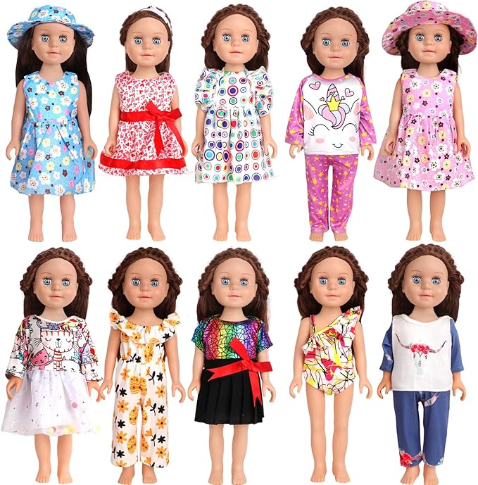 10 Sets of 18 Inch American Doll Clothes, Including 10 of Doll Clothing Dress Outfits for American Dolls, Birthday Gifts for Kids