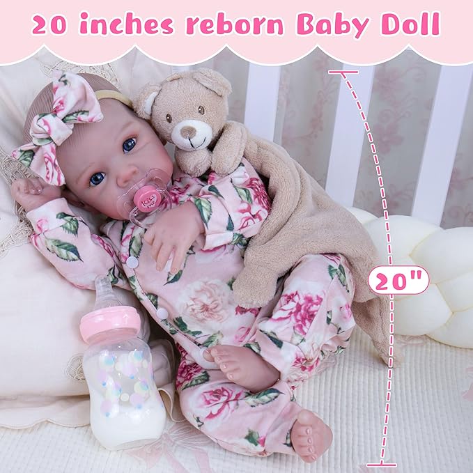 EKOKIZ 20 Inch Realistic Reborn Baby Doll Girl Lifelike Baby Dolls, Soft Cloth Body & Silicone Limbs Newborn Doll with Floral Outfit & Accessories, Gift Box for Kids 3+ & Collectors