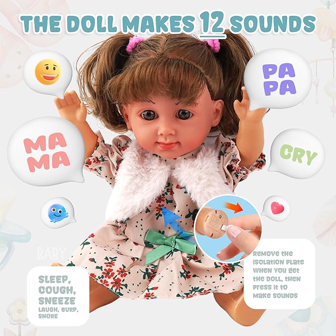 SMIESSKIDDO Baby Doll - 12" Interactive Talking Dolls with Sing Sound, Hair Styling Set - Comb Mirror Rollers Accessories - Soft PVC First Babies Doll for Toddler Girls