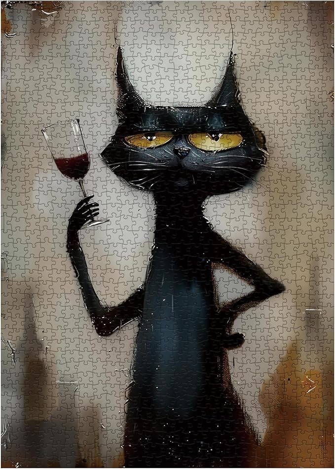 Black Cat Wine Puzzle for Adults 1000 Piece, Vintage Funny Kitten Jigsaw Puzzle Animal, Abstract Art Difficult Challenging Puzzle
