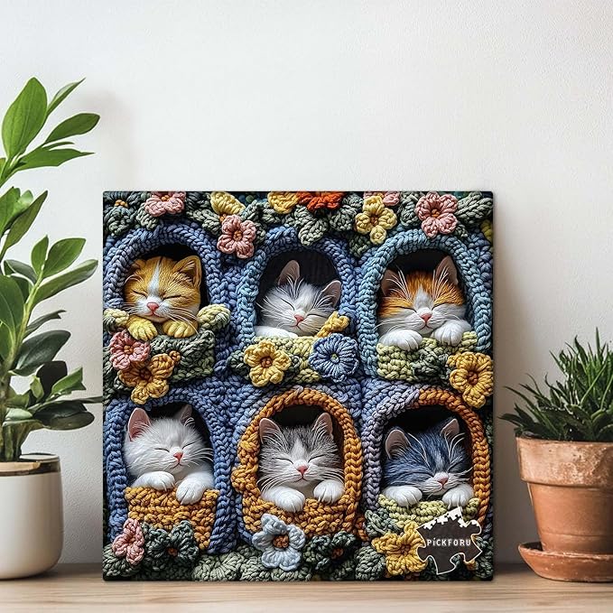 Cat Puzzles for Adults 1000 Pieces, PICKFORU Cute Kitten Puzzle Wildflowers Embroidery, Difficult Animal Flower Art Theme as Wall Decor