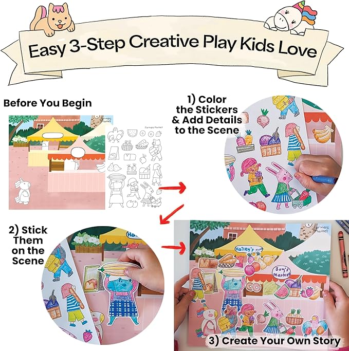 Together Art My Town Color Your Own Storytelling Sticker Kit - Hand-Drawn Scenes & Coloring Your Own Stickers - DIY Arts & Crafts Gift for Kids 4-10 - Designed, Partially Produced & Assembled in USA