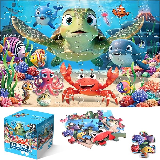 Jumbo Floor Puzzle for Kids,48 Piece Animal Large Jigsaw Puzzles,Learning Educational Toys for Toddlers Ages 3-5,Sea Turtle Puzzle Children Easter Gift for Boy Girl Ages 4-8