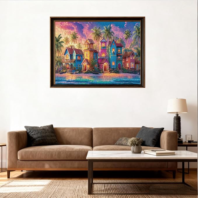Beach Puzzles for Adults 500 Piece, Xovnio Panoramic Cottage Seaside Romantic Art Jigsaw Puzzle, Beach Ocean Summer Puzzle, Colorful House Jigsaw Puzzles