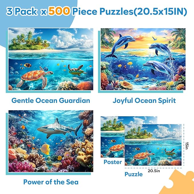 3 Pack Puzzles for Adults 500 Pieces, Sea Turtle Dolphins Sharks Puzzle 500 Piece, Challenging Ocean Jigsaw Puzzles with Letter on Back Poster, Gifts for Adults, Birthday & Game Night 20.5" x 15"