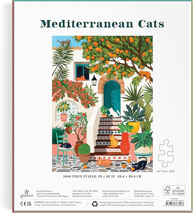 Galison Mediterranean Cats – 1000 Piece Jigsaw Puzzle Featuring Beautiful Artwork of A Citrus Inspired Stoop with Cats