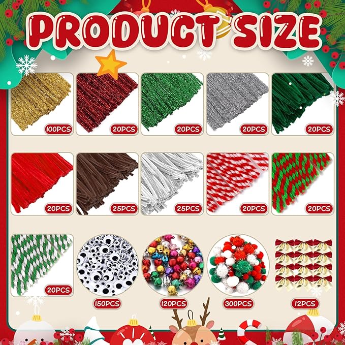 902 Pcs Christmas Pipe Cleaners Set Including 320 Pcs Pipe Cleaners 300 Pcs Pom Poms 150 Pcs Wiggle Googly Eyes Self Adhesive 120 Pcs Bells 12 Pcs Bows for Christmas Decoration DIY Art Supplies