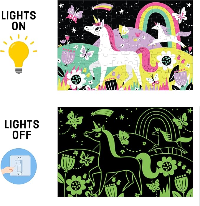 Mudpuppy Unicorns – 100 Piece Glow In The Dark Jigsaw Puzzle with a Wondrous Scene of Magical Unicorns and Hidden Hillside Details in the Dark