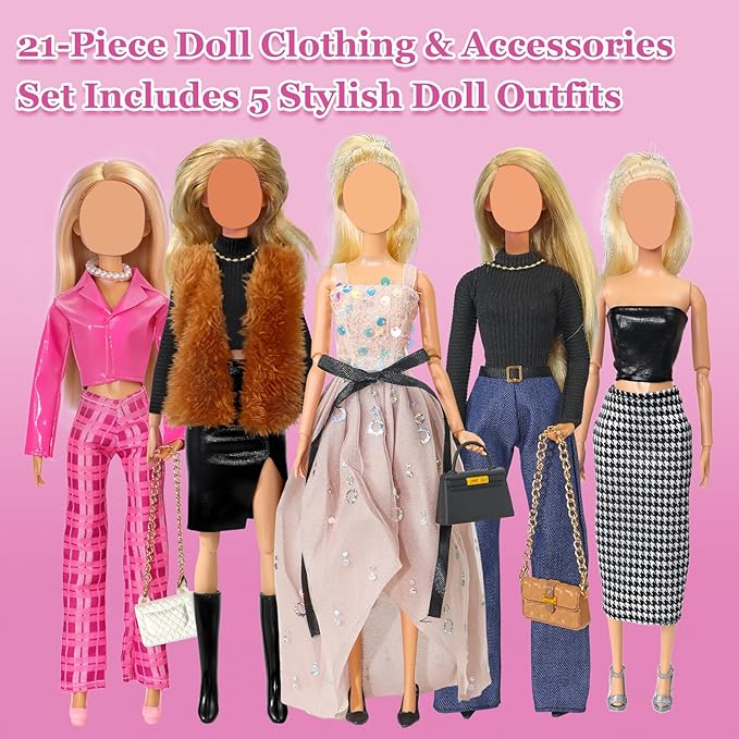 11.5 Inch Doll Clothes Set - Fashion Doll Clothing & Accessories, Casual Wear Dresses, Jeans, Tops, Skirts, Fur Coats, Bags, Hats, Boots for 11.5" Fashion Dolls, Gift for Girls (21)