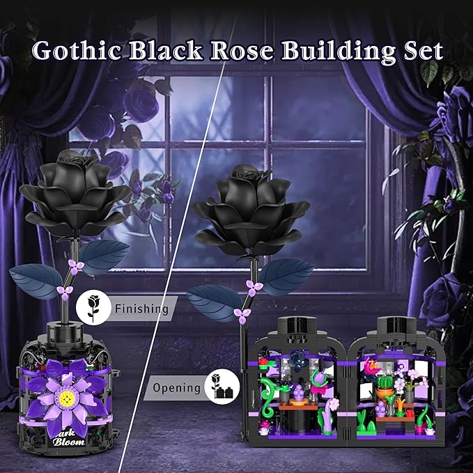 Gothic Black Roses Building Blocks Kit, Mysterious Dark Bloom with Vase Toy Building Sets for Boys Girls, 359 Pcs Artificial Flower Building Toys for Mom