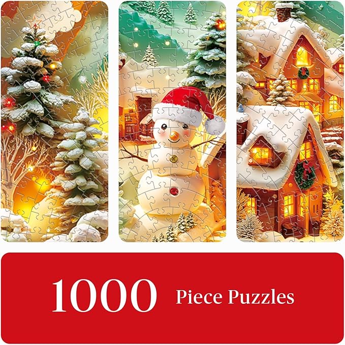 Round Jigsaw Puzzle 1000 Pieces - 3D Paper-Cut Winter Snow Village - 26.6" Circular Challenge, Christmas Snowman Landscape, Mindful Holiday Activity Gift