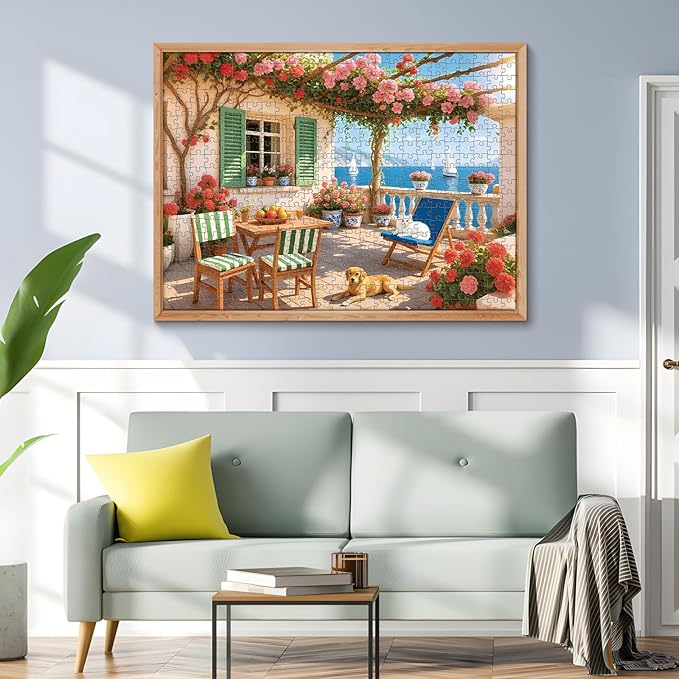 500 Piece Puzzles for Adults, Cozy Seaside Terrace Scene Jigsaw Puzzles with Dog and Cat, Relaxing 500 Piece Puzzle, Perfect for Family Time, Wall Decor, Gift for Adults, Seniors, 20.5 x 15 in