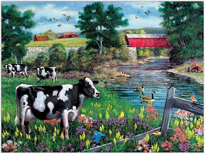 Crown Point Graphics Grazing by The Creek 500 Piece Jigsaw Puzzle, Soft Touch Design, Farm Cow Puzzles for Adults, Made in USA