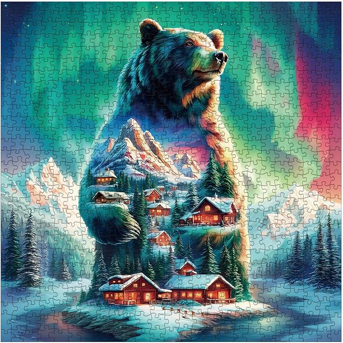 Magic Northern Lights Bear Puzzles for Adults 1000 Pieces, Fantasy Winter Snow Cabin Jigsaw Puzzle, Challenging Aurora Borealis Landscape Art Puzzles