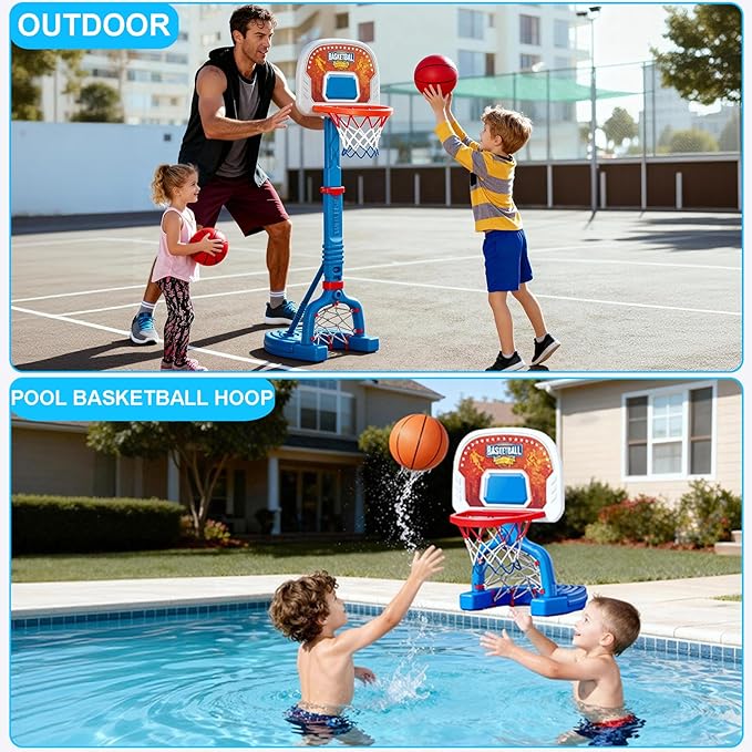 Toddler Basketball Hoop Indoor, Adjustable Kids Basketball Hoop and Soccer Goal for Ages 1-3 3-5, Portable Mini Basketball Hoop Set with 4 Balls for Boys Girls Child Indoor Outdoor Poolside