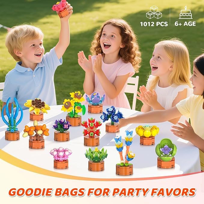 24 Pack Flowers Succulent Party Favors for Kids Building Set - 1012pcs Botanical Bonsai 3.6mm Mini Building Blocks Toy for Easter Basket Fillers Classroom Prize Stocking Stuffer Gift for Girl Boy 6+