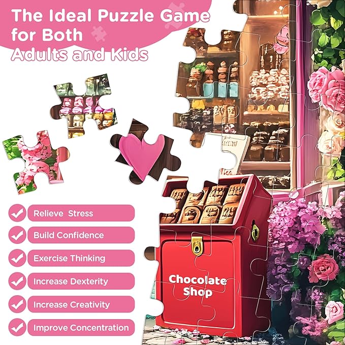 Jigsaw Puzzles 300 Pieces for Adults,Chocolate Shop 300 Piece Puzzles,Cat Puzzle for Kids Adult Senior,Pink Flowers Challenging Puzzles Family Activity Great Gift Home Decor 20.5x15 in