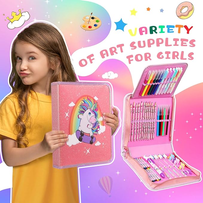 CozyJoyz Unicorn Washable Marker Set, 59 Pcs Arts and Crafts Coloring Set for Kids, Drawing Art Supplies Birthday Gifts for Girls Toys 4-9 Year Old (Pink)