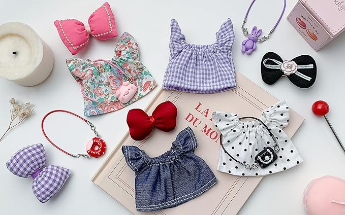 17 cm Doll Clothes 4 Sets - 6.7 Inches Cute Dolls Dress Outfits - Premium Fashion Accessories，Luxury Chic Doll Clothing & Style Bundle 3Pcs Set（Cute Doll Dress+Bow+Bag），Gifts for Lovers（No Dolls）