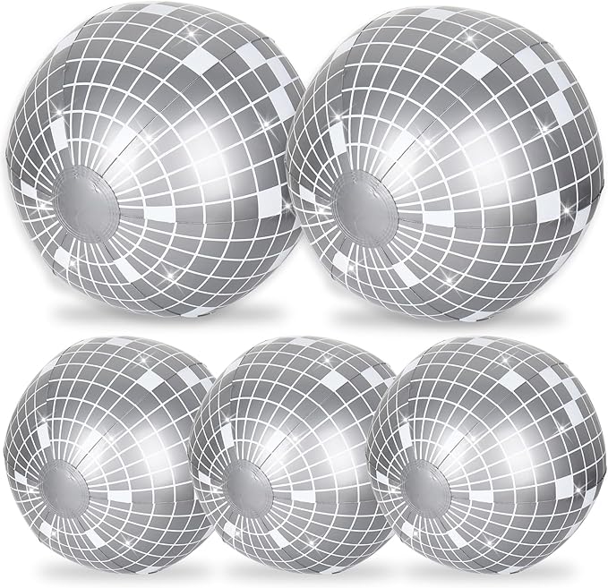 Whaline 5Pcs Inflatable Disco Beach Ball 24 & 16 Inch Round Pool PVC Balls Disco Theme Party Decoration for Indoor Outdoor Summer Beach Sports Theme Party Decor (Silver)