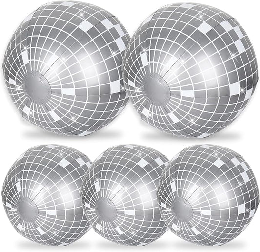 Whaline 5Pcs Inflatable Disco Beach Ball 24 & 16 Inch Round Pool PVC Balls Disco Theme Party Decoration for Indoor Outdoor Summer Beach Sports Theme Party Decor (Silver)