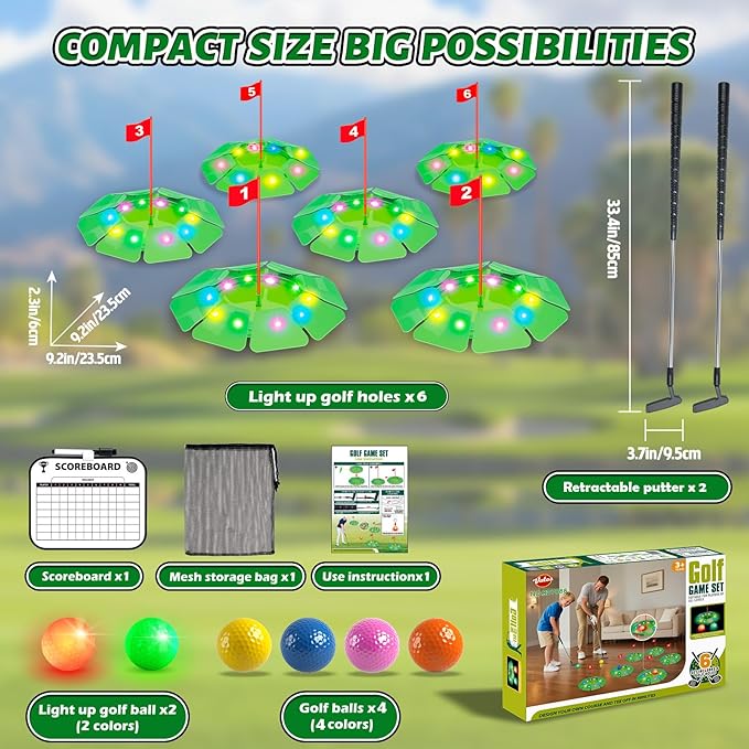 VATOS Light up Golf Putting Game Set - Glow Golf Toy with 6 LED Holes, 6 Balls (2 Glow), Extendable Putter, Build Your Own Course at Home Indoor Outdoor Yard Office Golfs Gifts for Kids Adults Golfer