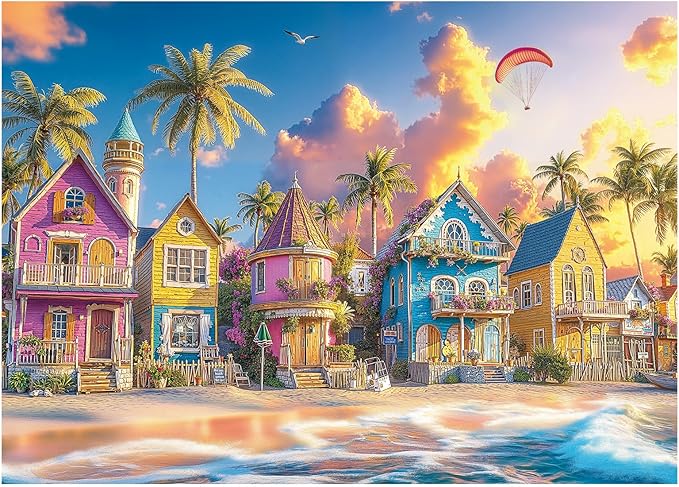 Beach Ocean Summer Puzzle 1000 Pieces for Adults, Colorful House Sunset Hawaii Jigsaw Puzzles, Cottage Seaside Romantic Art Puzzles