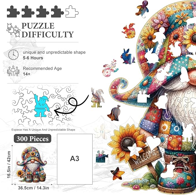 Wooden Jigsaw Puzzles, 300 Pieces Gnome Wooden Puzzles for Adults with Unique Shape, Large Wooden Puzzles with Exquisite Wooden Box Packaging