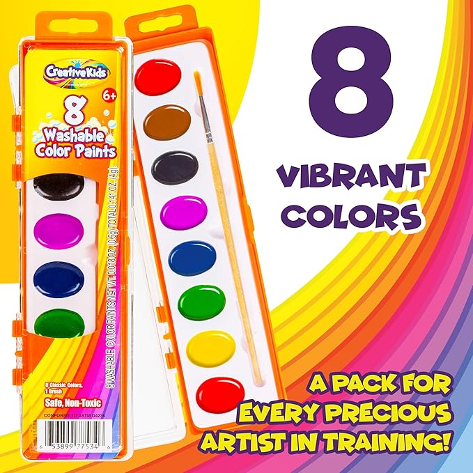Creative Kids Bulk Washable Watercolor Paint Set - 40 Pack w/ 8 Assorted Water Color Paints & Wooden Brush - Classroom Art Supplies