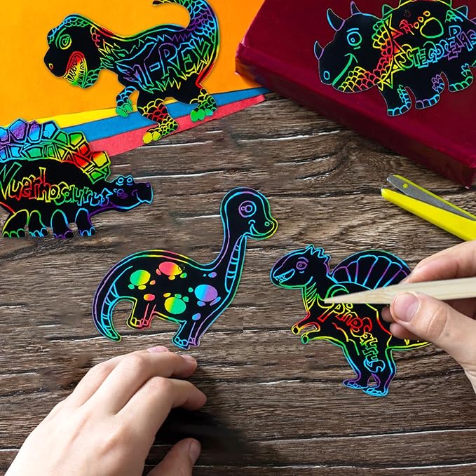 60PCS 12Style Magic Color Scratch DIY Dinosaur Paper Scratch Craft Kits Rainbow Scratch Paper Art Sets with Scratching Tools Ribbon for Party Favors Activities