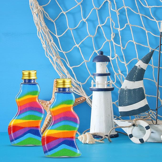 Nuenen 50 Pcs Sand Art Bottles Bulk with Funnels Plastic Wave Shaped Sand Art Containers for DIY Craft Party Supplies(Gold Lid)