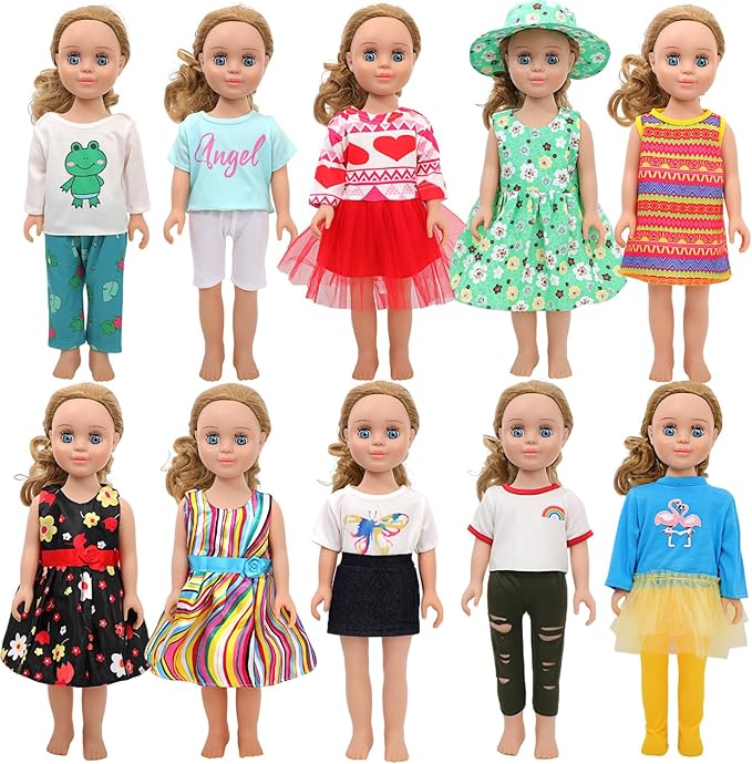 MSYO 10 Sets (16 Pcs) Doll Clothes for 17-18 Inch Dolls, Frog Print/Angel Tee/Floral Dress Variety, Cute Outfits for Play & Gifting