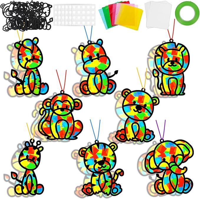 32 Sets Woodland Animal Suncatchers Craft Kit DIY Window Stained Glass Effect Forest Jungle Animals Paper Craft Home School Classroom Decoration Kid Birthday Gift Creative Art Project Activity Game