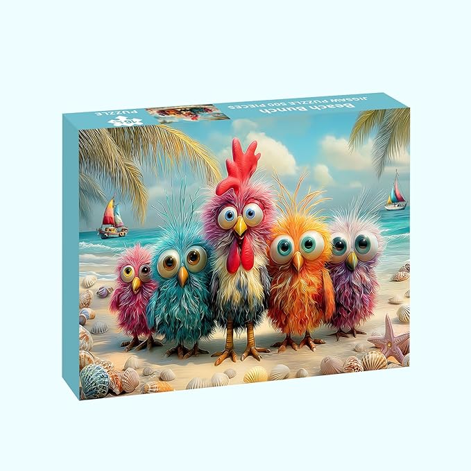 Puzzles for Adults 500 Pieces, Chicken Jigsaw Puzzles - Beach Bunch, Impossible Beach Puzzles for Seniors Family, 20.47x14.96 inches, 1:1 Poster, Letter on The Back