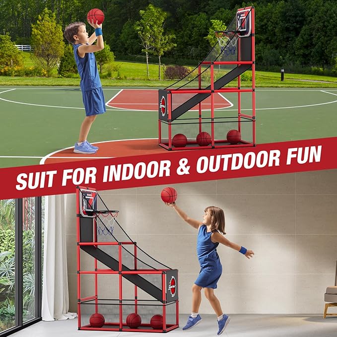 Basketball Arcade Game Indoor Outdoor, Kids Basketball Hoop with 4 Balls & Pump, Single Shot Basketball Game at Home, Carnival Games Sport Toys for Boys Girls Teens