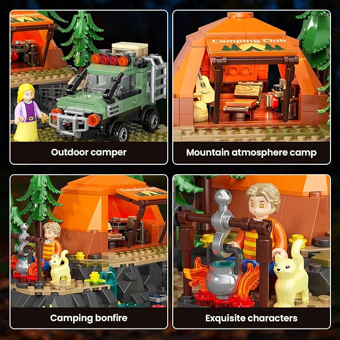 Mountain Camping Building Blocks Set - 677PCS Outdoor Adventure Scene Construction Toy with Tent, Camping Car & Campfire, Desktop Decoration for Kids & Adults, Creative Gift for Camping Lovers