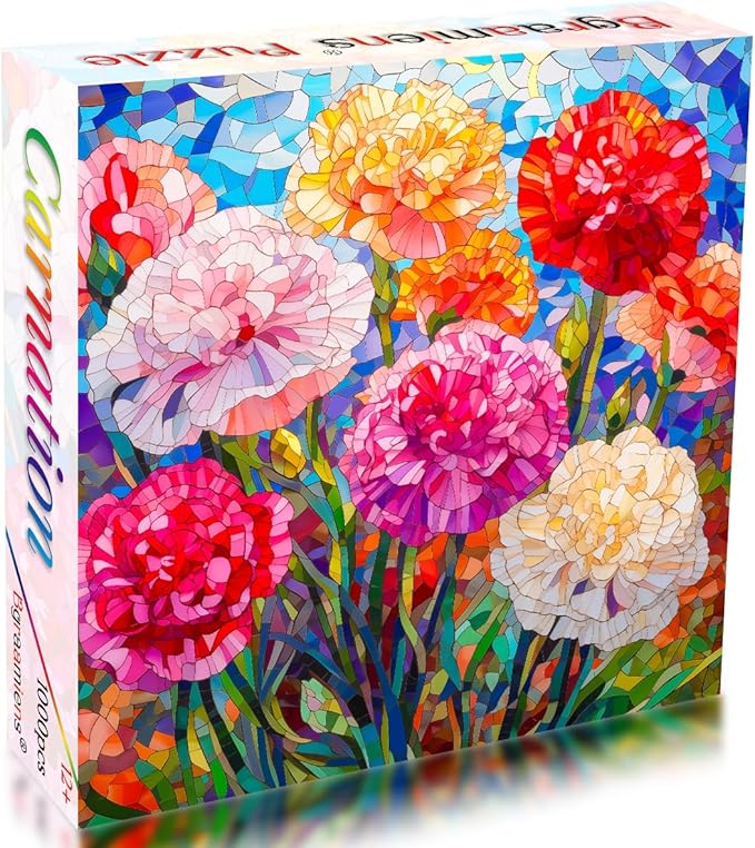 Bgraamiens 1000 Pieces Stained Glass Puzzle - Carnations Art Puzzle with Blooming Flowers, Color Challenge for Adults