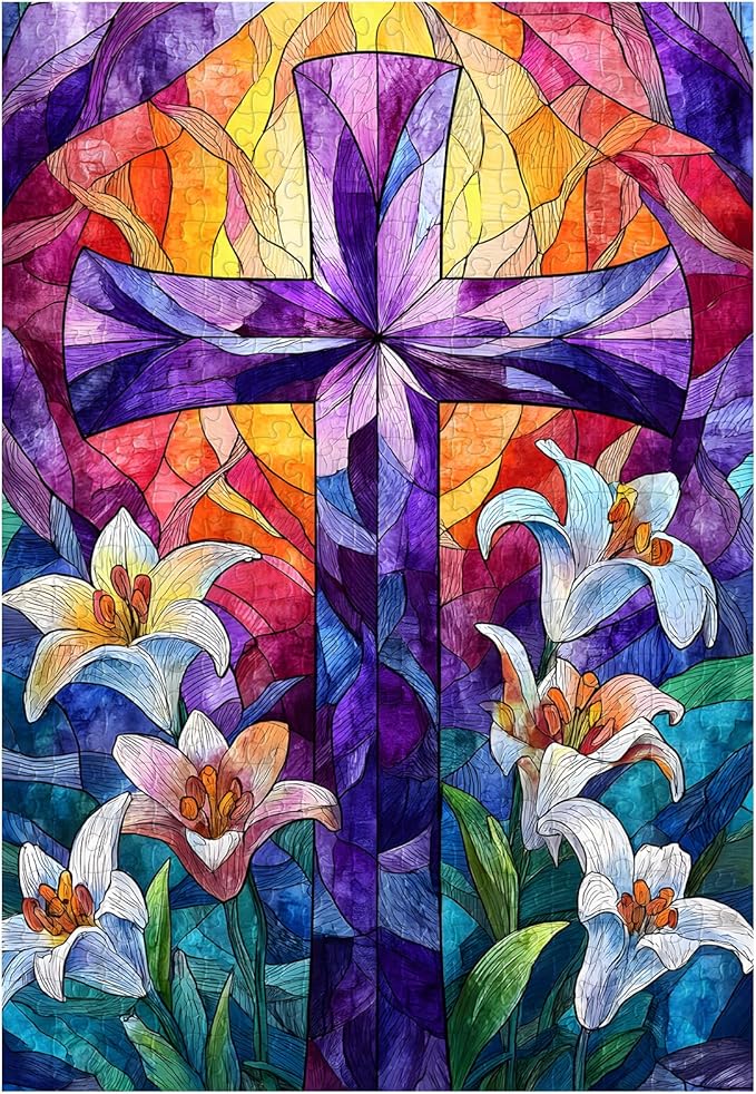 Great Jigsaw Puzzles for Adults 300 Pieces Stained Glass Cross Lily Religious Puzzles for Adults Toys Gift Family Decoration Kids Puzzle
