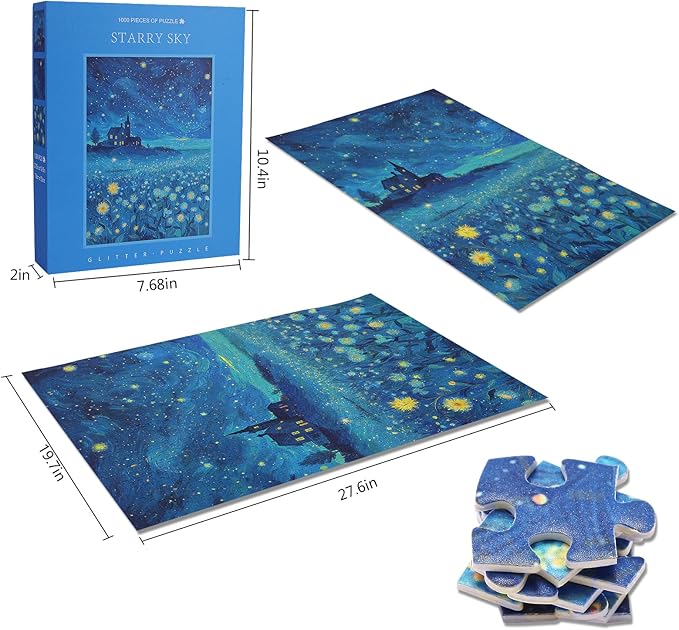 Puzzles for Adults 1000 Pieces Romantic Glitter Blue Starry Sky Jigsaw Puzzle with Letters on The Back Challenging Puzzles Game for Family and Friends (27.5"x19.6")
