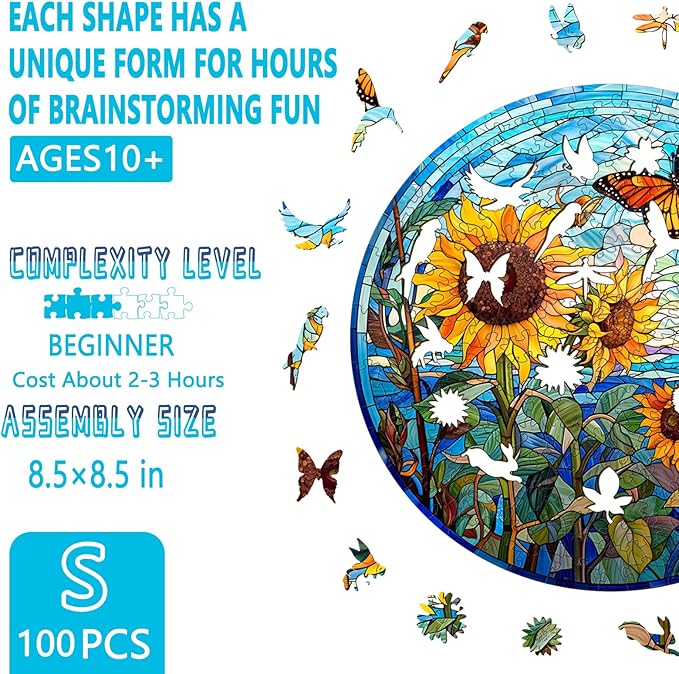Wooden Puzzles for Adults - Stained Glass Sunflower Wooden Puzzle, Unique Shape Wood Jigsaw Puzzle for Adults, Wood Puzzles Adult, Gifts for Family, Wall Art Home Decor (100pcs 8.5 * 8.5in S)