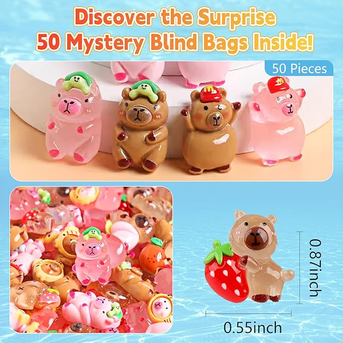 50 Pcs Random Mini Capybara with Glow in the Dark Feature, Individually Packaged Blind Bags – Cute Collectible Resin Toys for Kids, Fairy Gardens, Desk Decor, Party Favors, and Creative DIY Projects